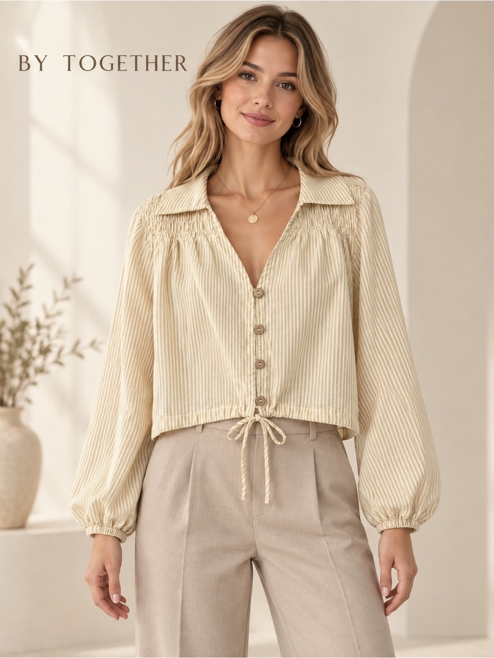 NWT By Together Cream Striped Smocked Balloon Sleeve Crop Blouse Size Medium